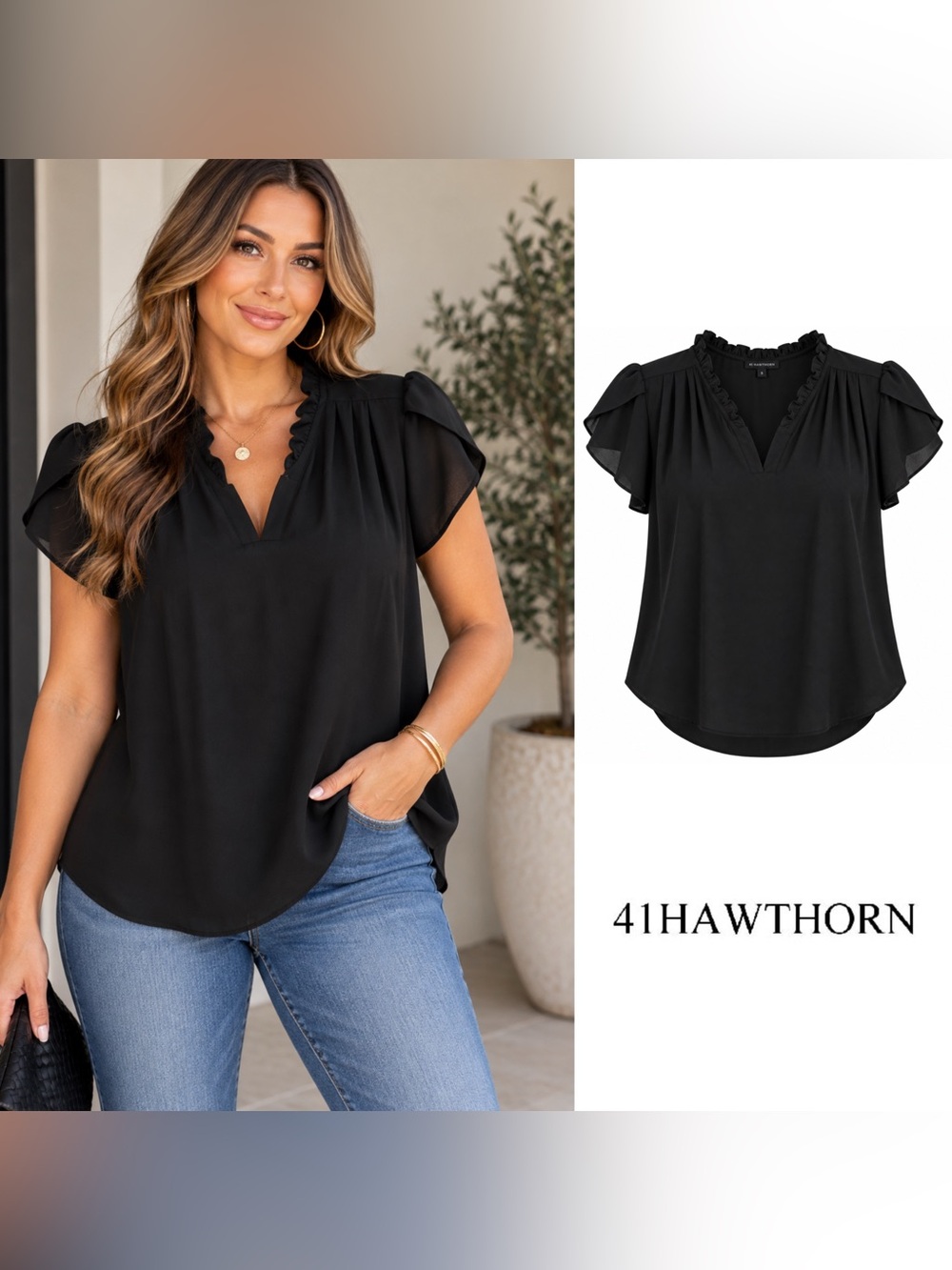 NEW 41 Hawthorn Black Ruffle-Trim V-Neck Flutter Sleeve Blouse